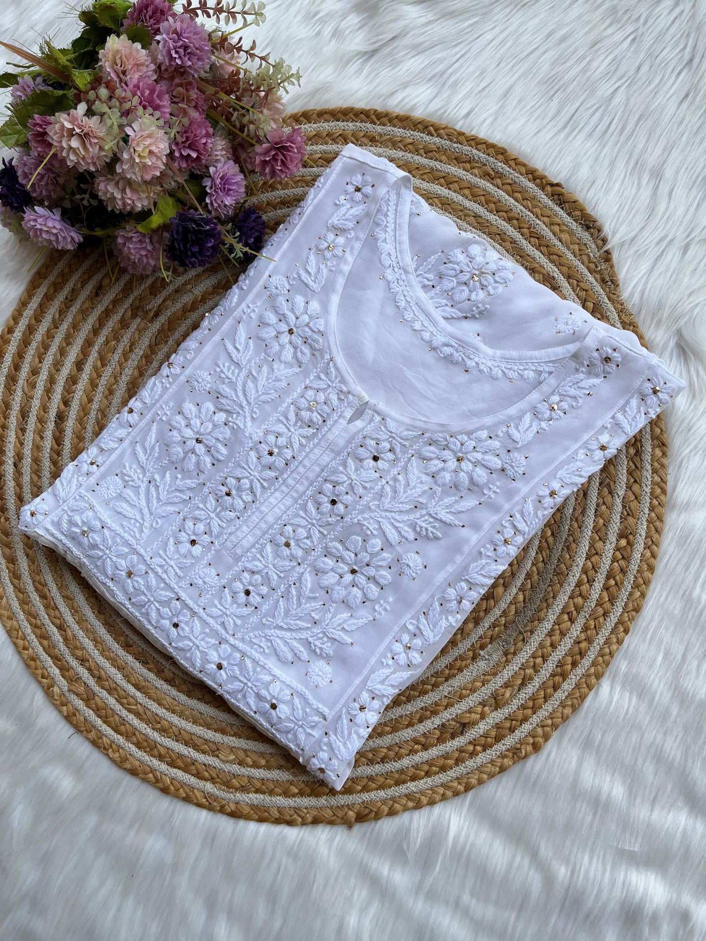 White Premium Viscose Lucknow Chikankari Mukaish Hand Work Nyra Cut Kurti - Inayakhan Shop