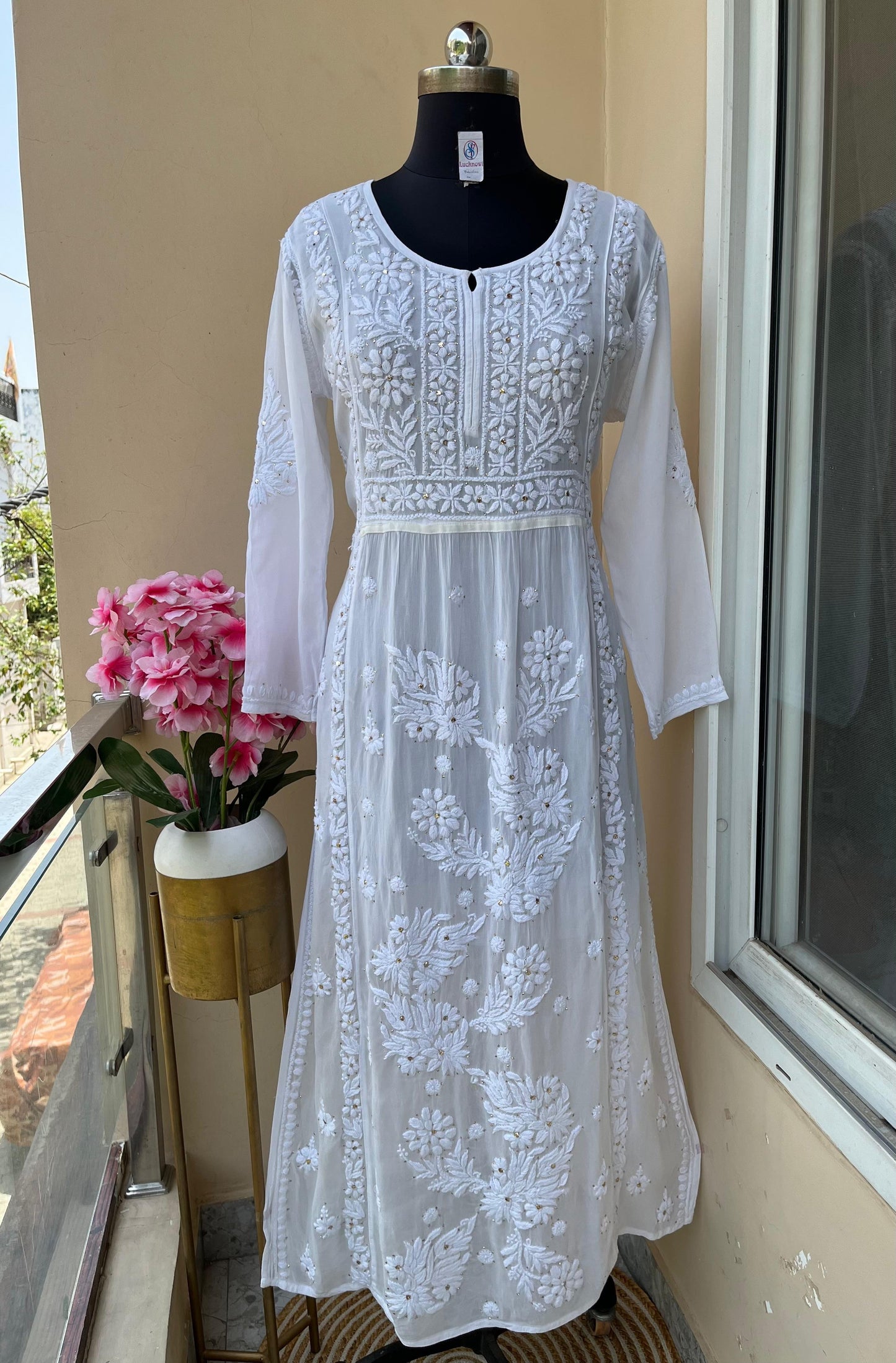 White Premium Viscose Lucknow Chikankari Mukaish Hand Work Nyra Cut Kurti - Inayakhan Shop