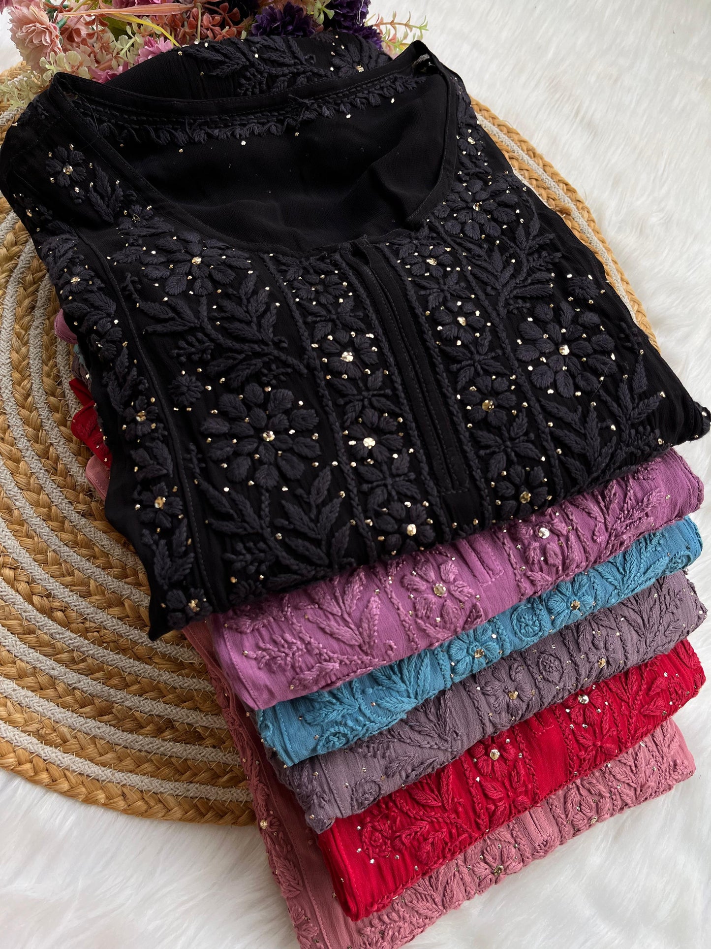 White Premium Viscose Lucknow Chikankari Mukaish Hand Work Nyra Cut Kurti - Inayakhan Shop