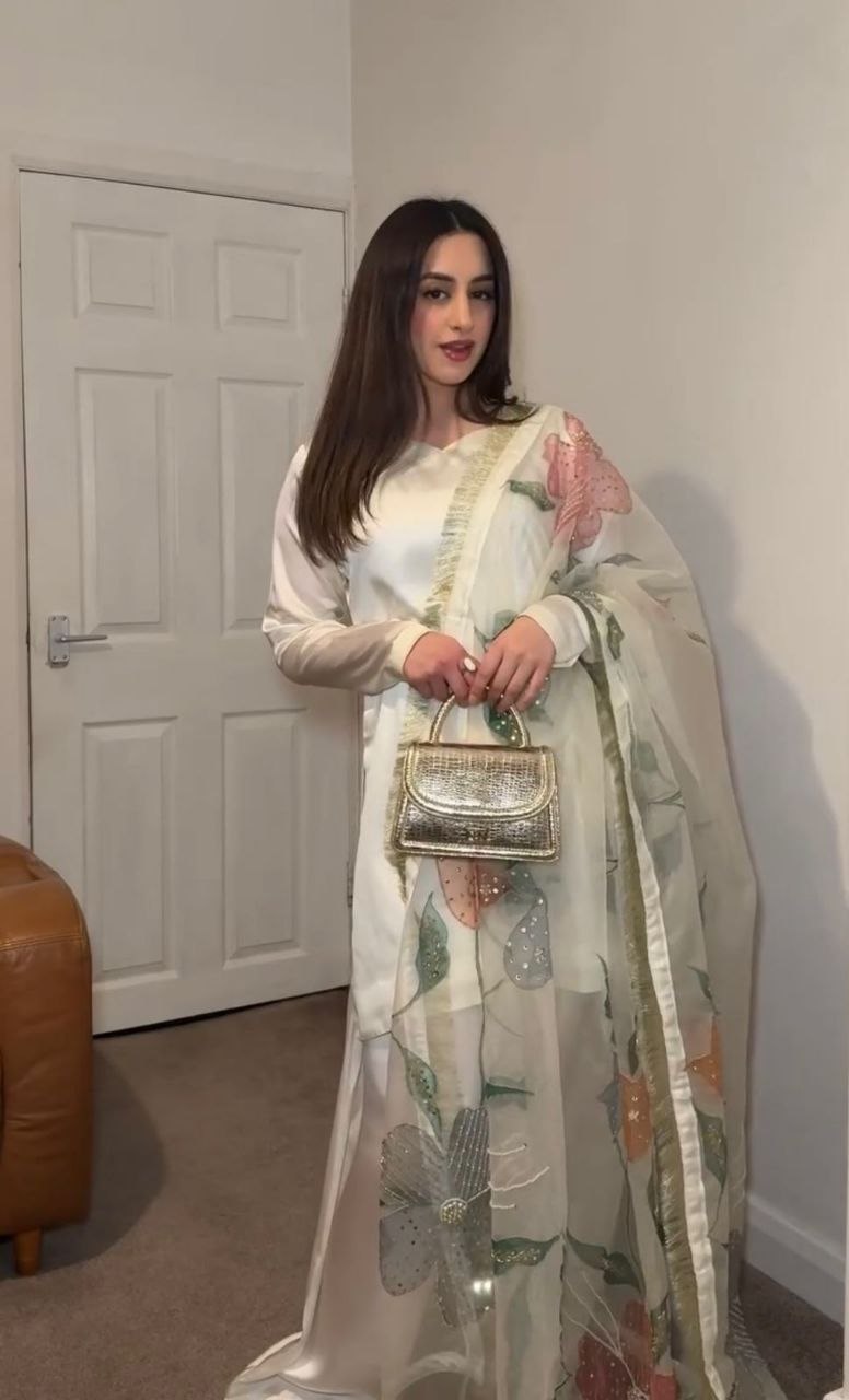 White silk farshi plazzo suit with floral dupatta detail