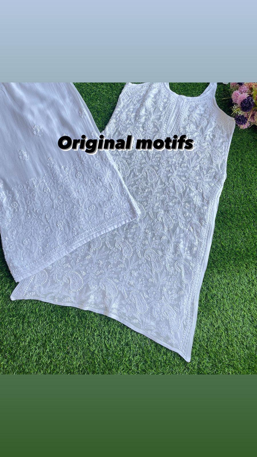 White Viscose Strappy Chikankari Handwork Short Kurti , Viscose Sharara, Chiffon Dupatta - Inayakhan Shop