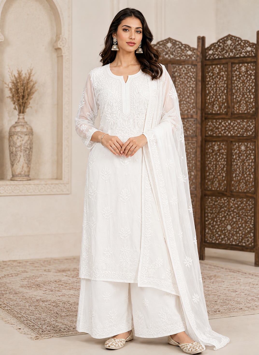 White Viscose 3D Work Handcrafted Lucknow Chikankari Set