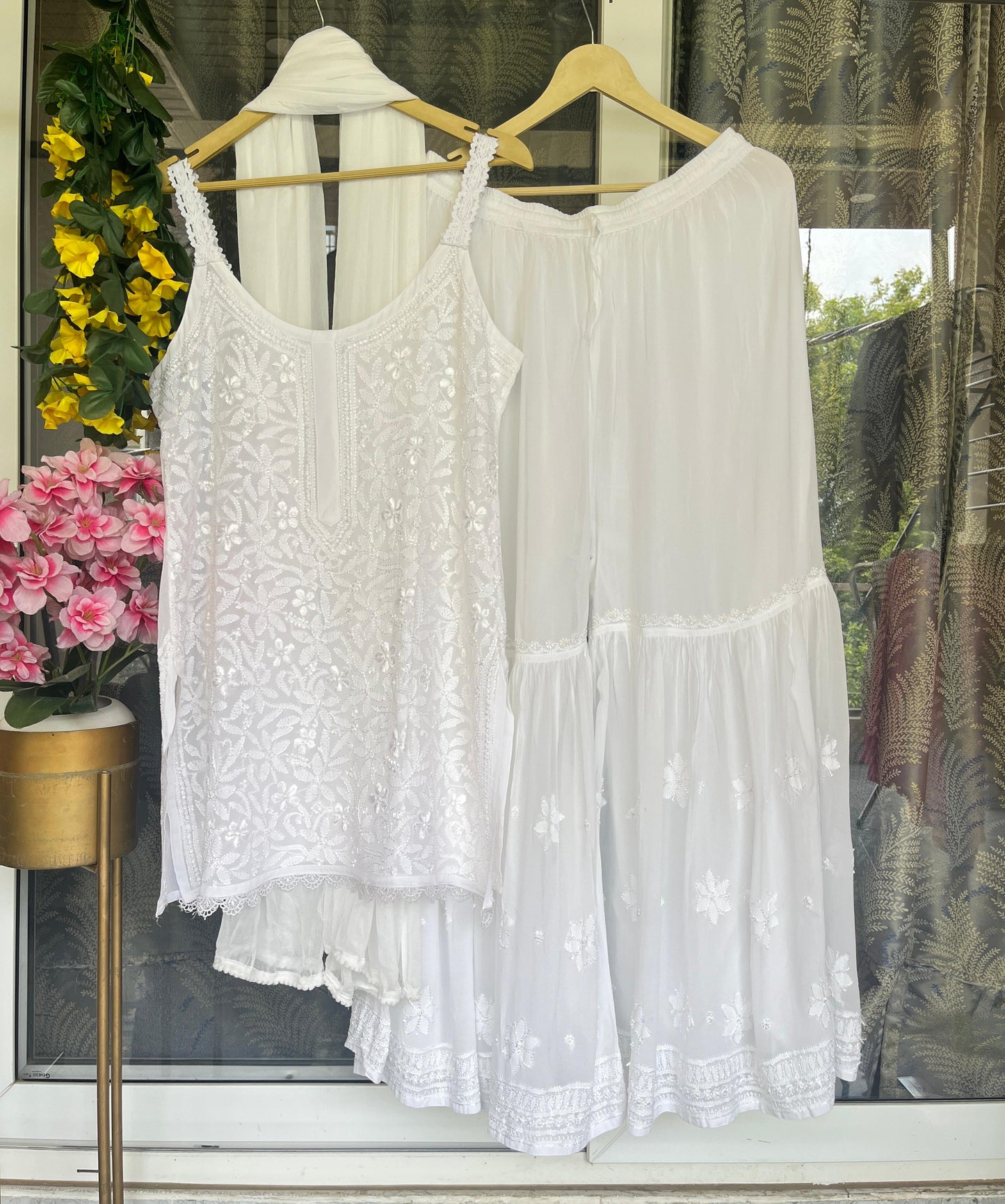 White Handcrafted Lucknow Chikankari Strappy Gharara Set