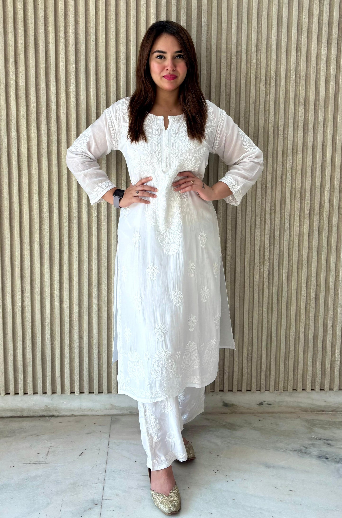 White Chandni Lucknowi Chikankari Modal Palazzo Set