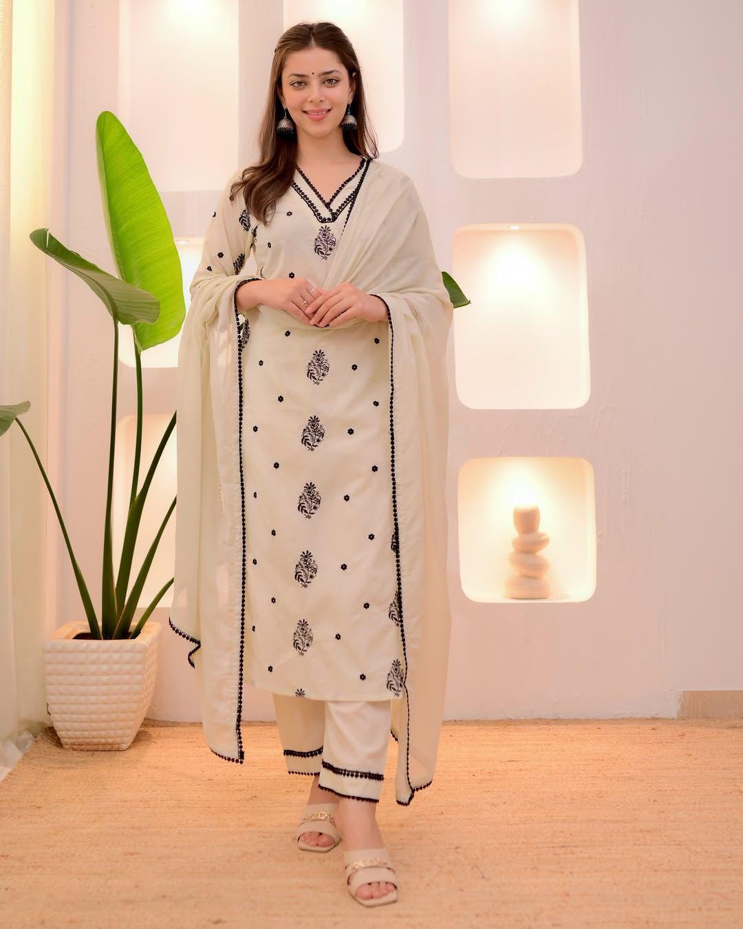 White Classy Embroidered Roman Silk Salwar Suit for Women