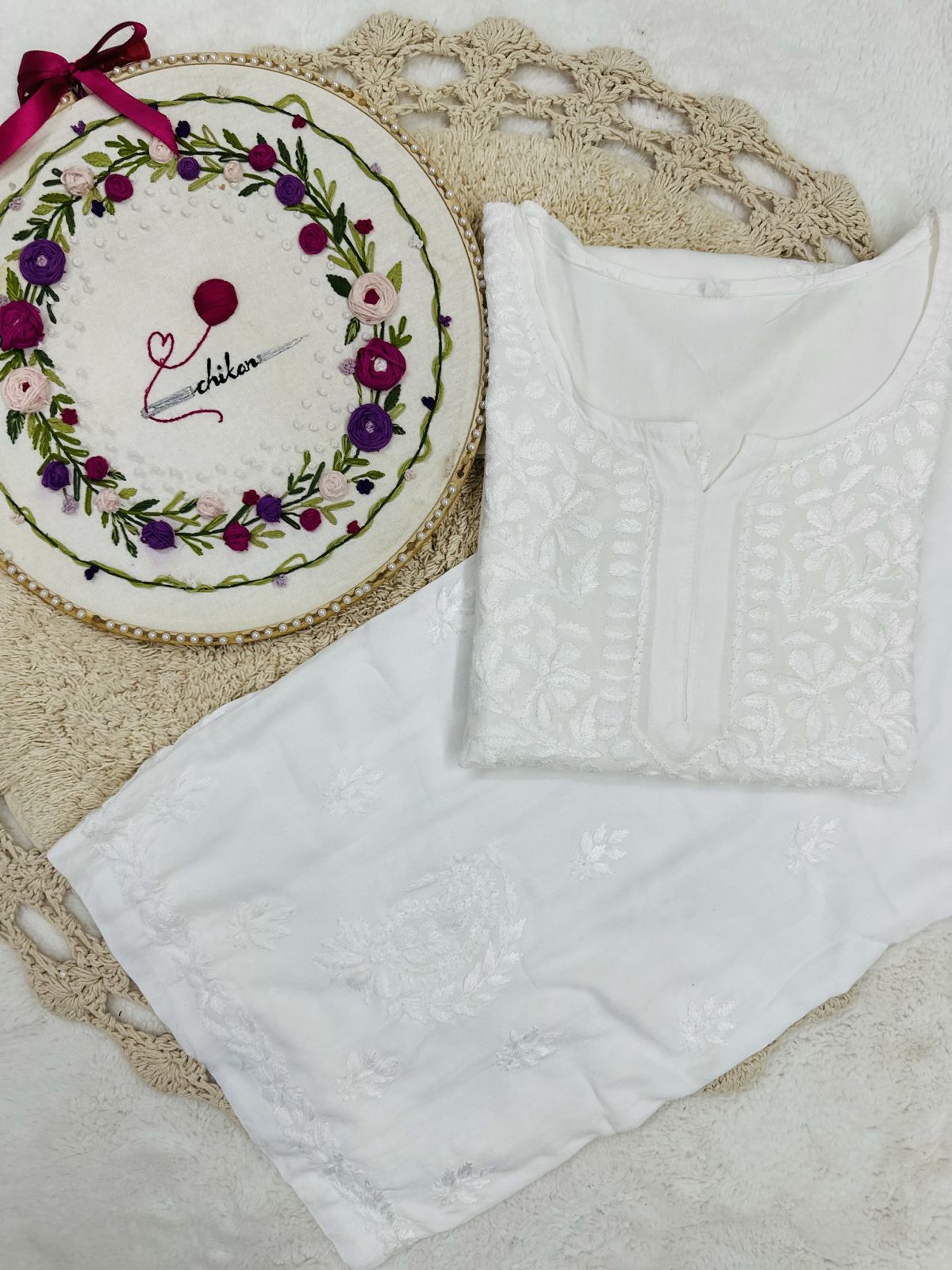 White Handcrafted Lucknowi Chikankari Style Short Kurta & Palazzo Set