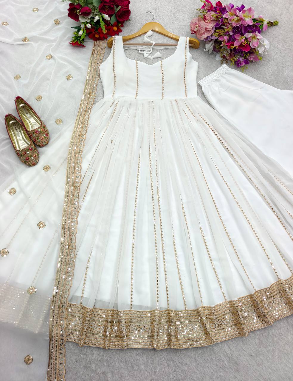 White Summer Radiance: Faux Georgette Embroidered Gown Set