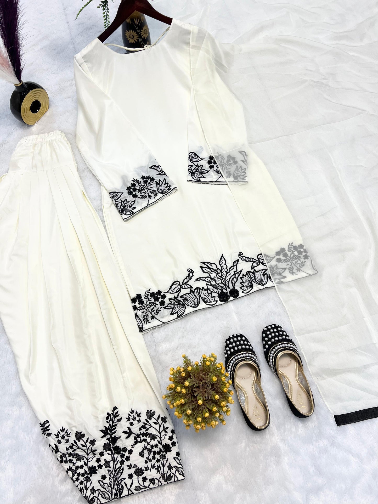 White Designer Party Wear Crepe Silk Top with Farshi Salwar & Organza Dupatta