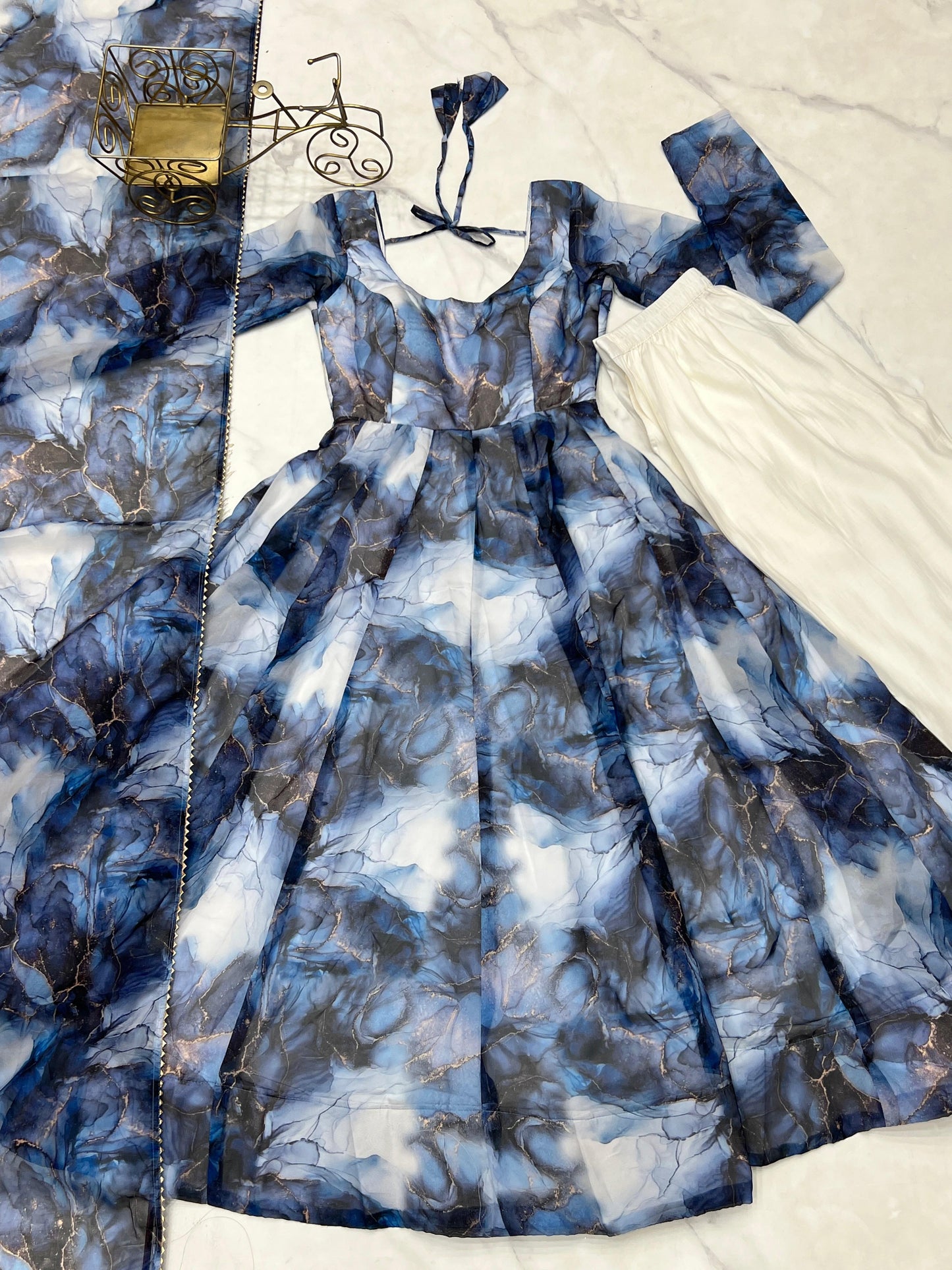 Blue Multicolor Marble Print Organza Silk Floral Anarkali Suit | Ready to Wear