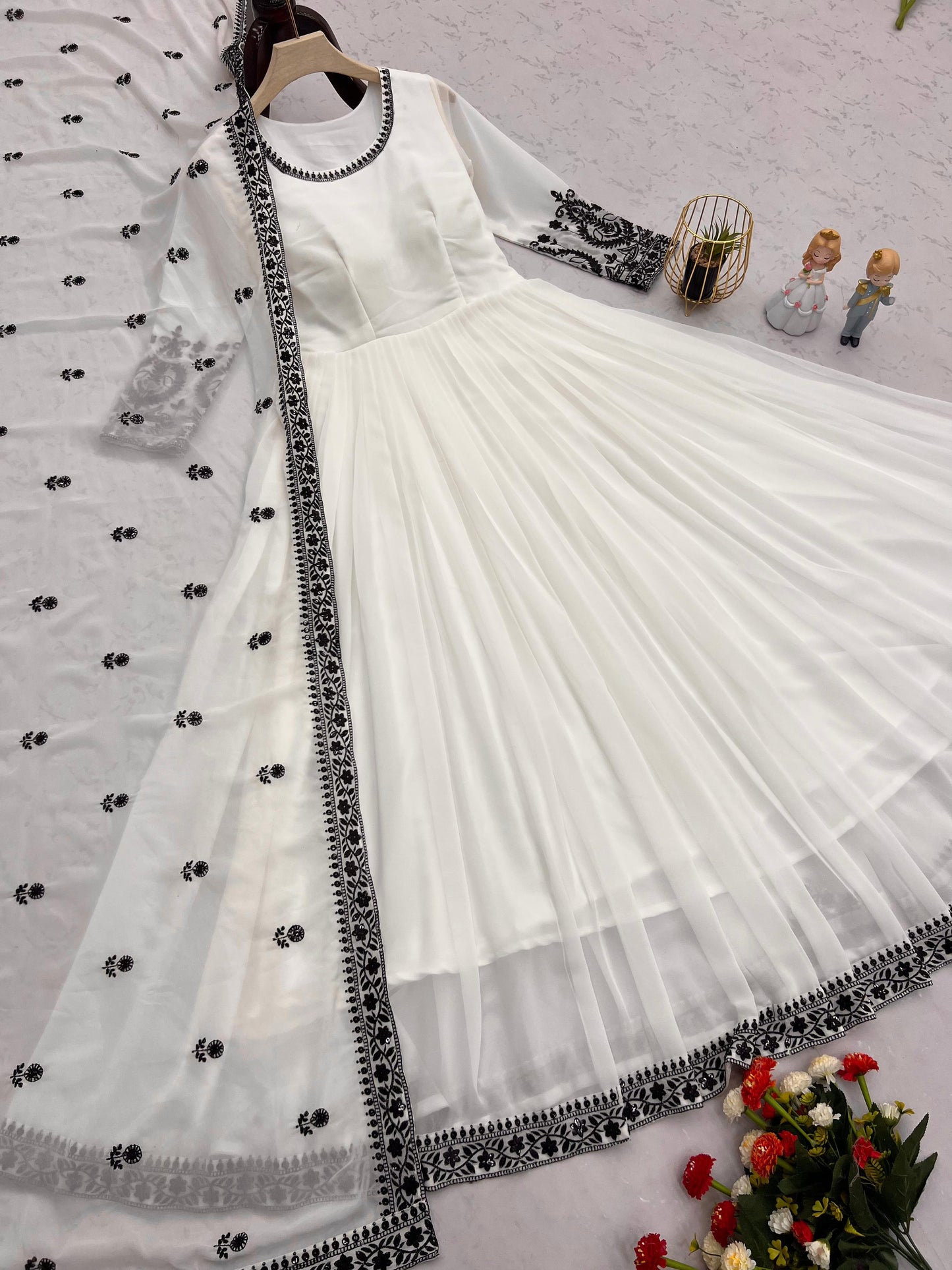 White & Black Embroidered Faux Georgette Designer Gown Set with Dupatta – Party Wear for Women