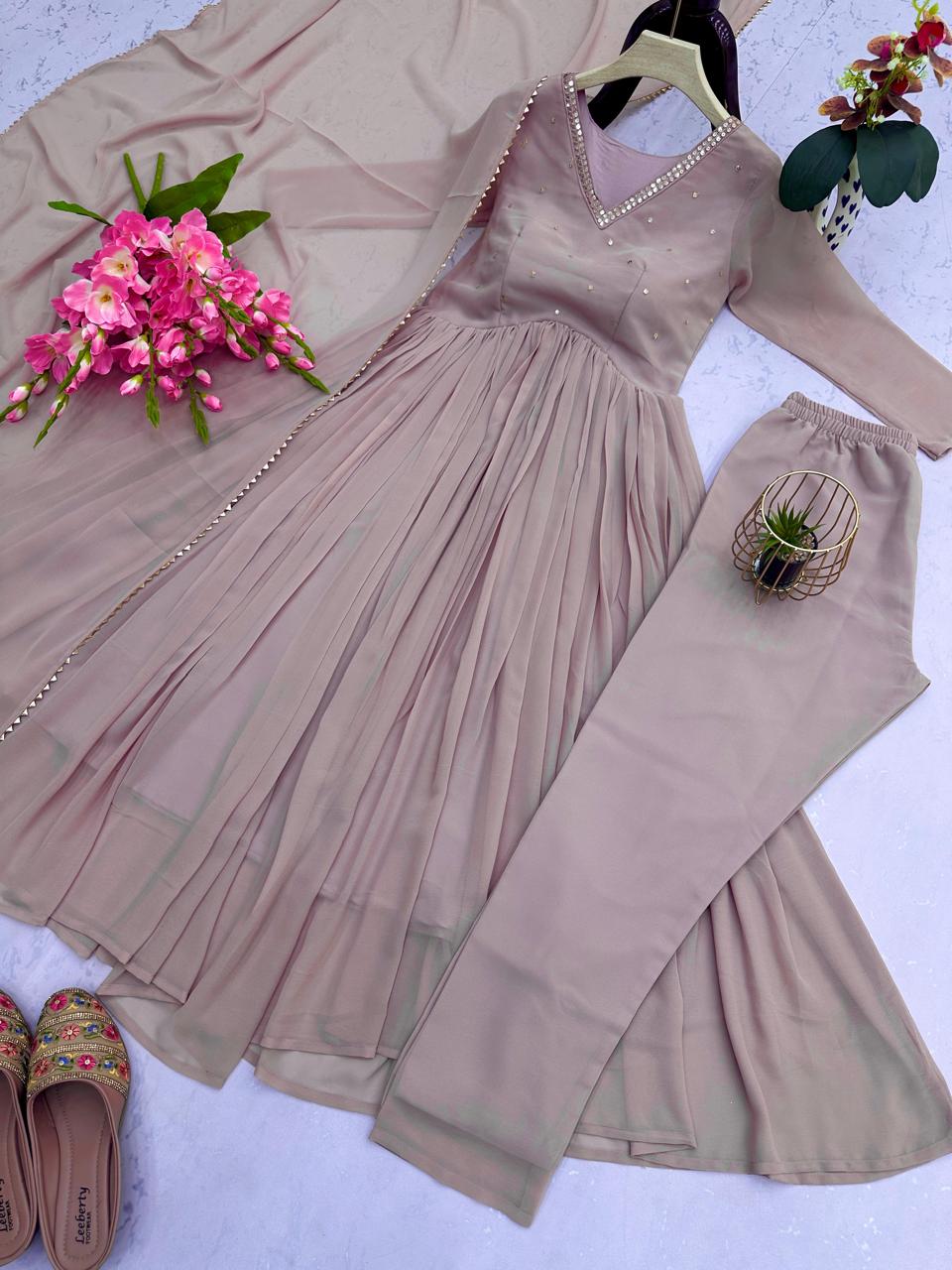 Light Mauve Sequin Embroidered Georgette Party Wear Gown Set with Pant & Dupatta