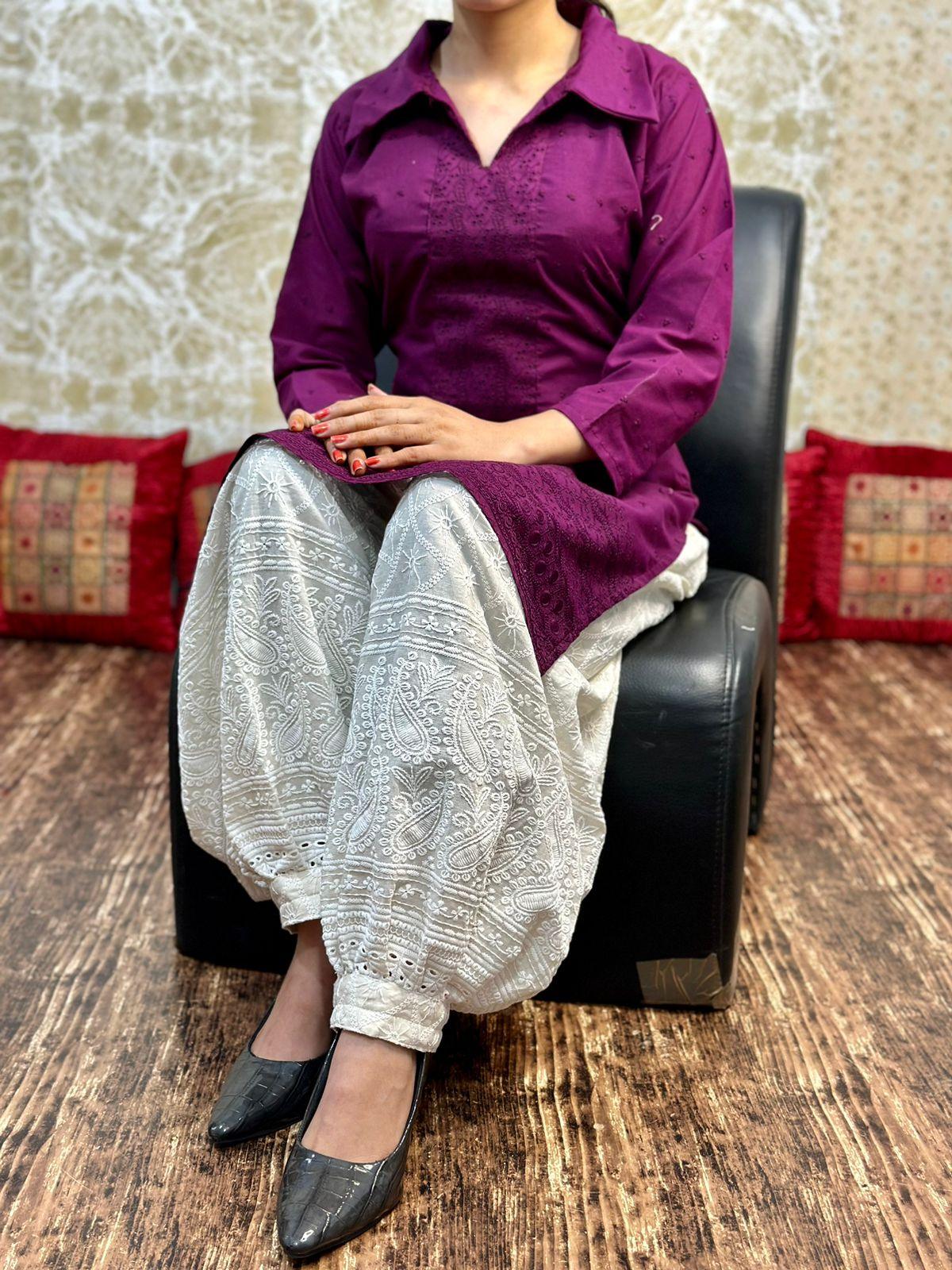 Wine Color Collar neck chikankari kurta teamed up with chikankari Afghani salwar - Inayakhan Shop
