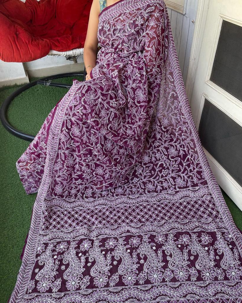 Wine Color Full Jaal Chikankari Saree by Inayakhan - Inayakhan Shop