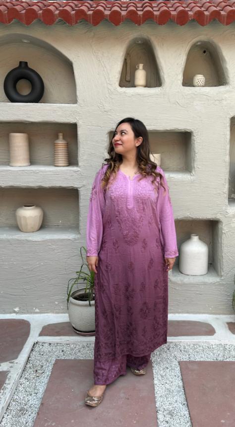 Wine Dual Shades Chikankari Elegance Modal Kurti and Plazo Set - Inayakhan Shop
