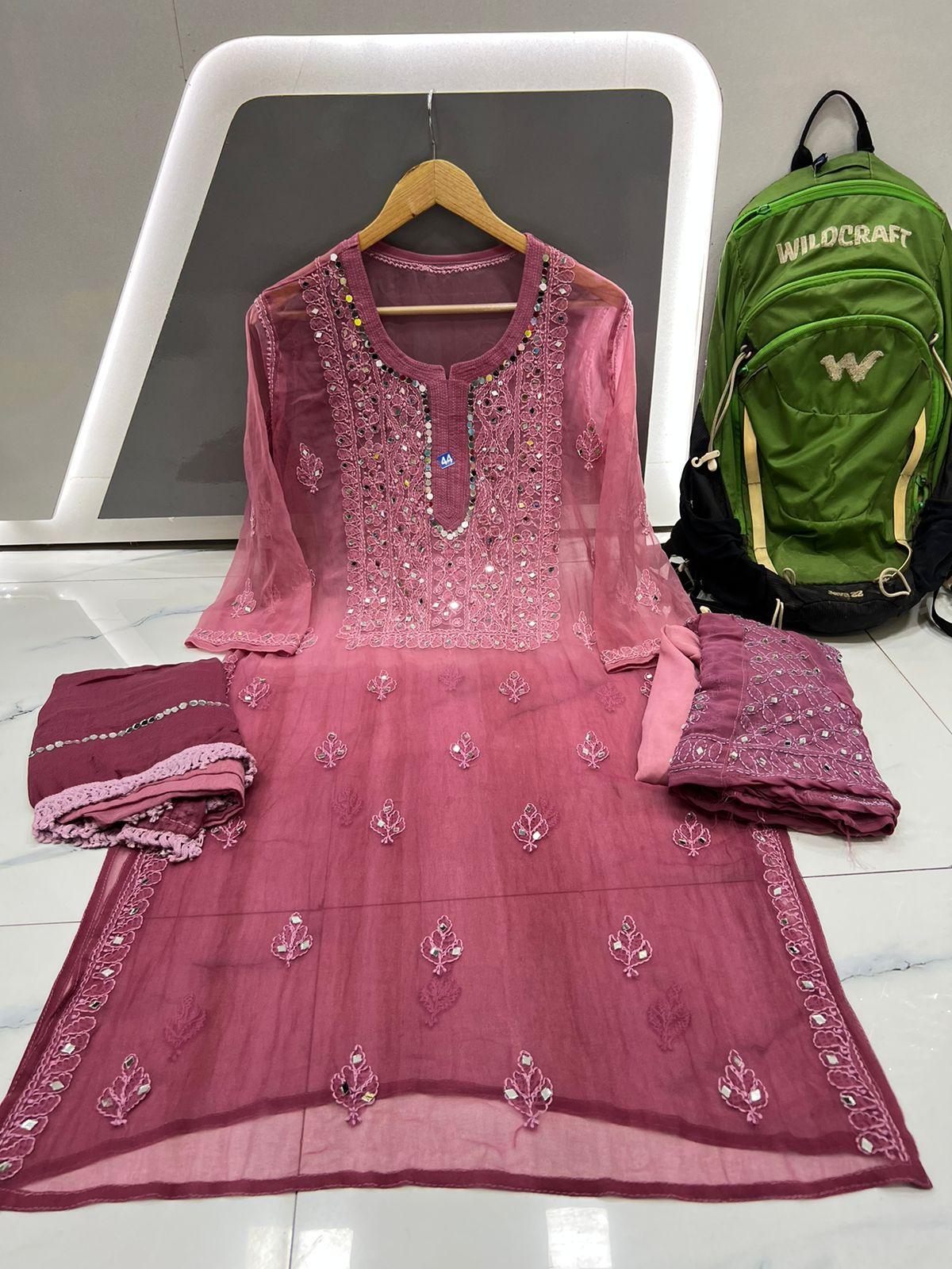 Wine Dye Ombre Georgette Kurti Set With Sharara and Chiffon Dupatta(Inner Included) - Inayakhan Shop