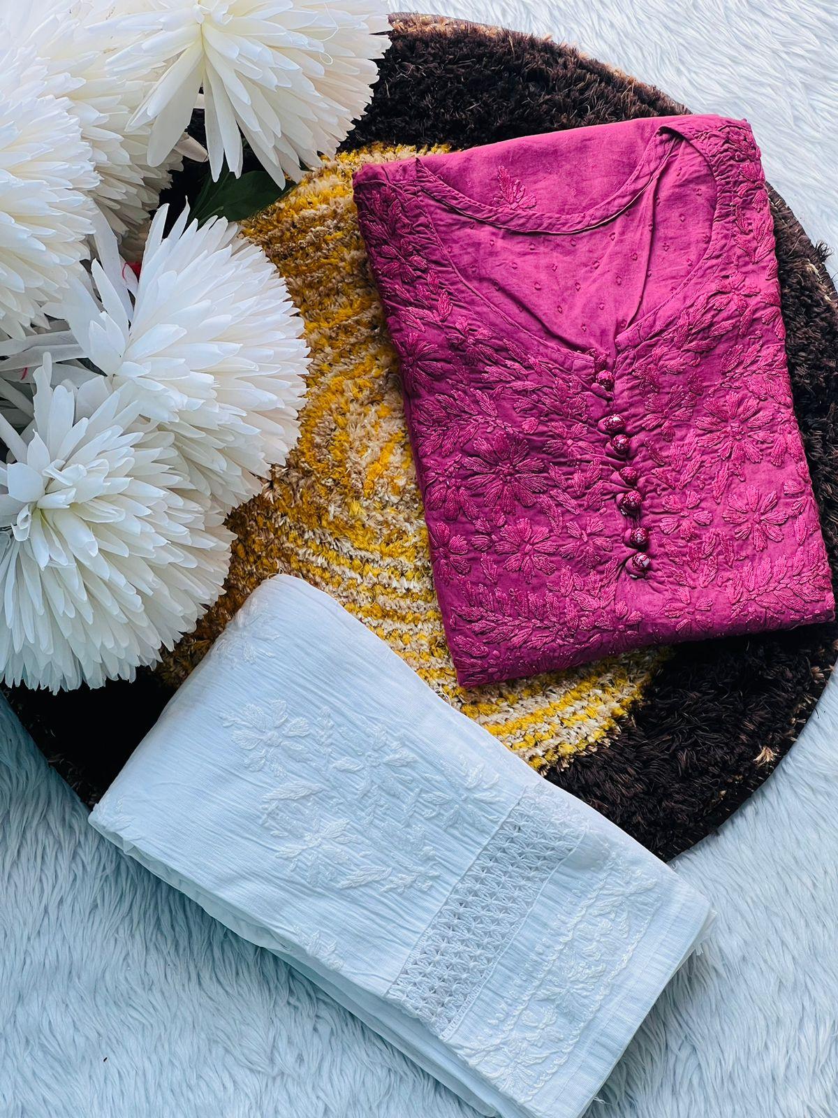 Wine Eleganza Dobby Cotton Short Kurti Chic Set with Pant - Inayakhan Shop