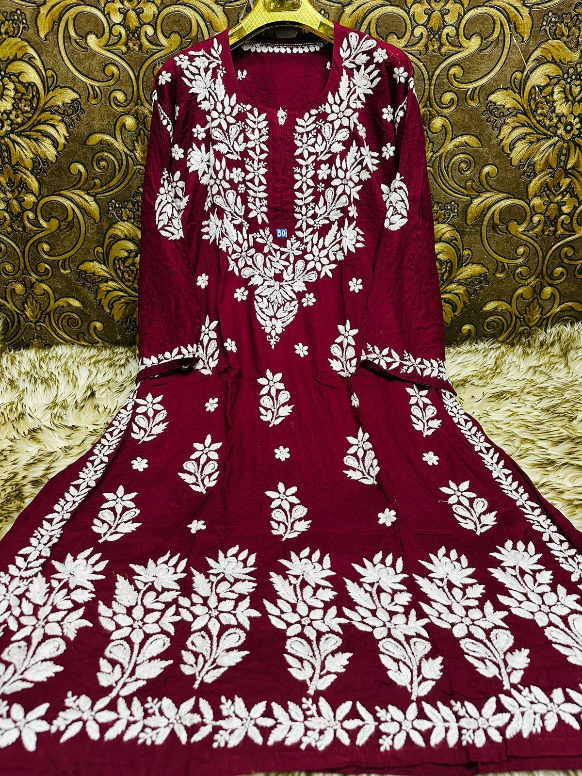 Wine Ethereal Elegance: Lucknow Chikankari Heavy Modal Big Size Kurti - Inayakhan Shop