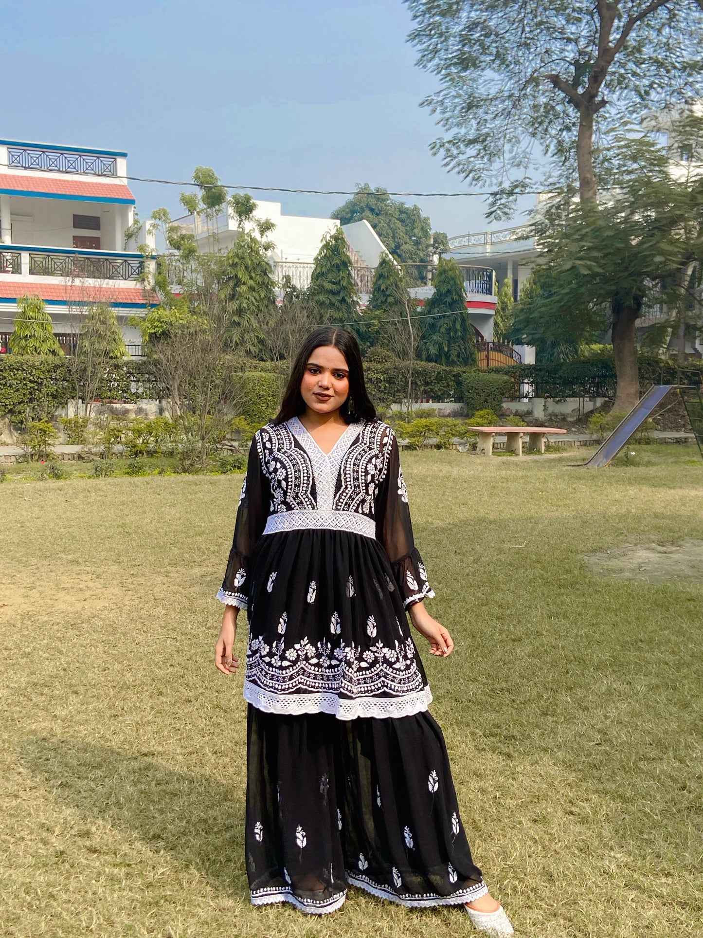 Wine Ethereal V Lace Chikankari Gharara Set - Inayakhan Shop