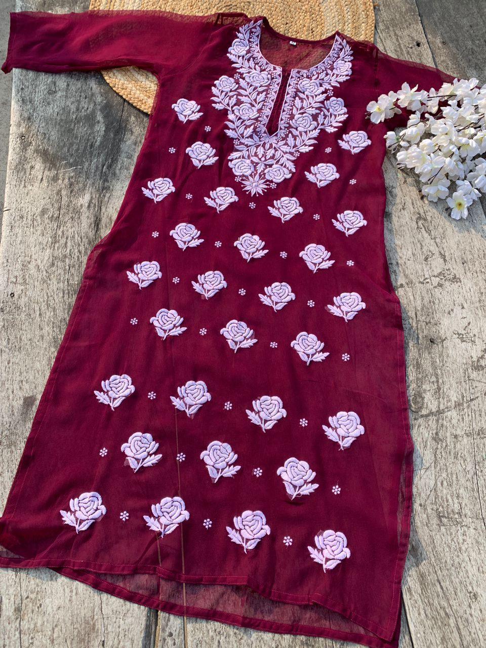 Wine 🌹 Georgette Rose Keel Long Kurtis 🌹 Inner included - Inayakhan Shop