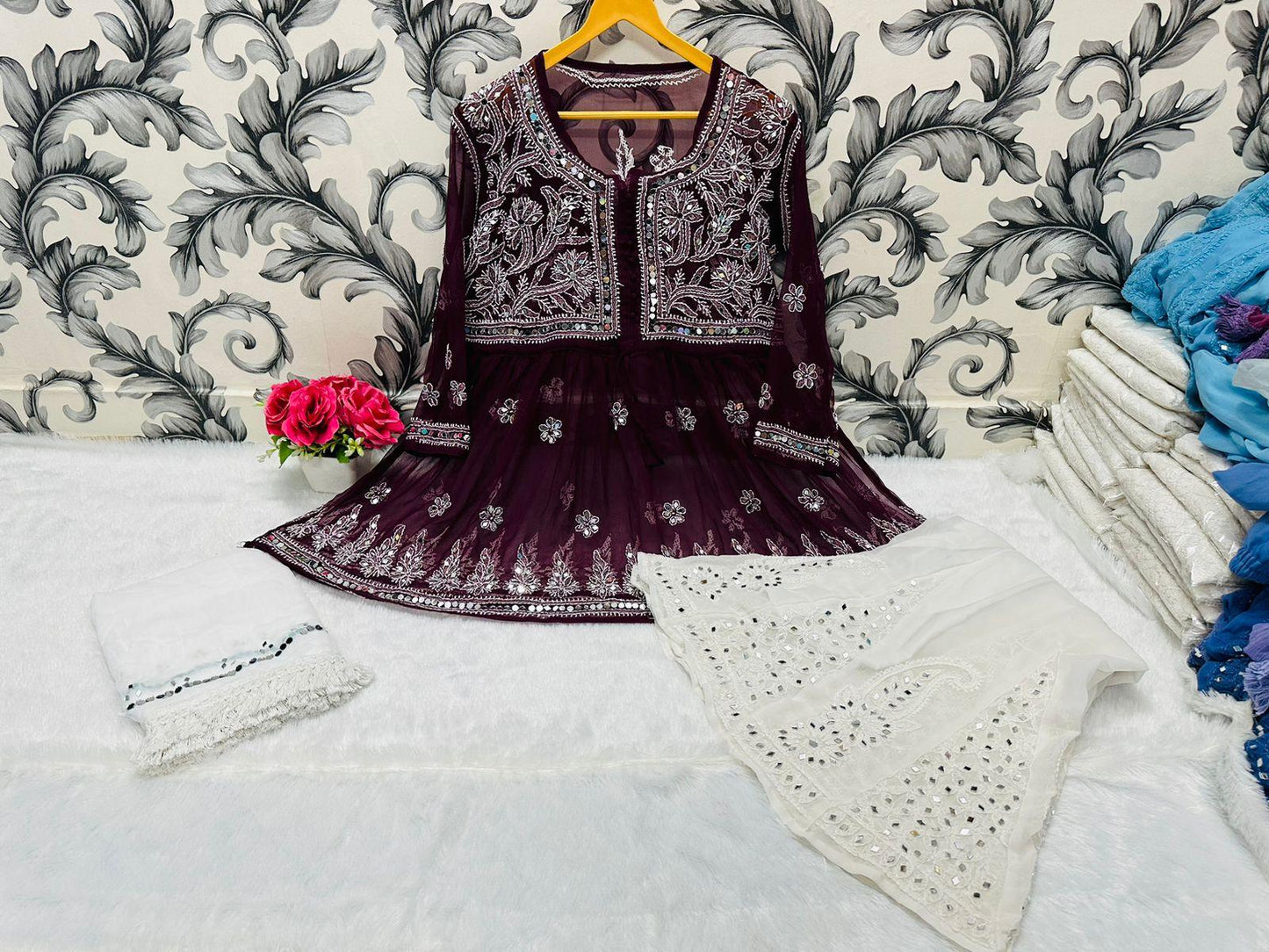 Wine Glimmering Georgette Mirror Work Short Gown, Dupatta, and Sharara Full Combo Set - Inayakhan Shop