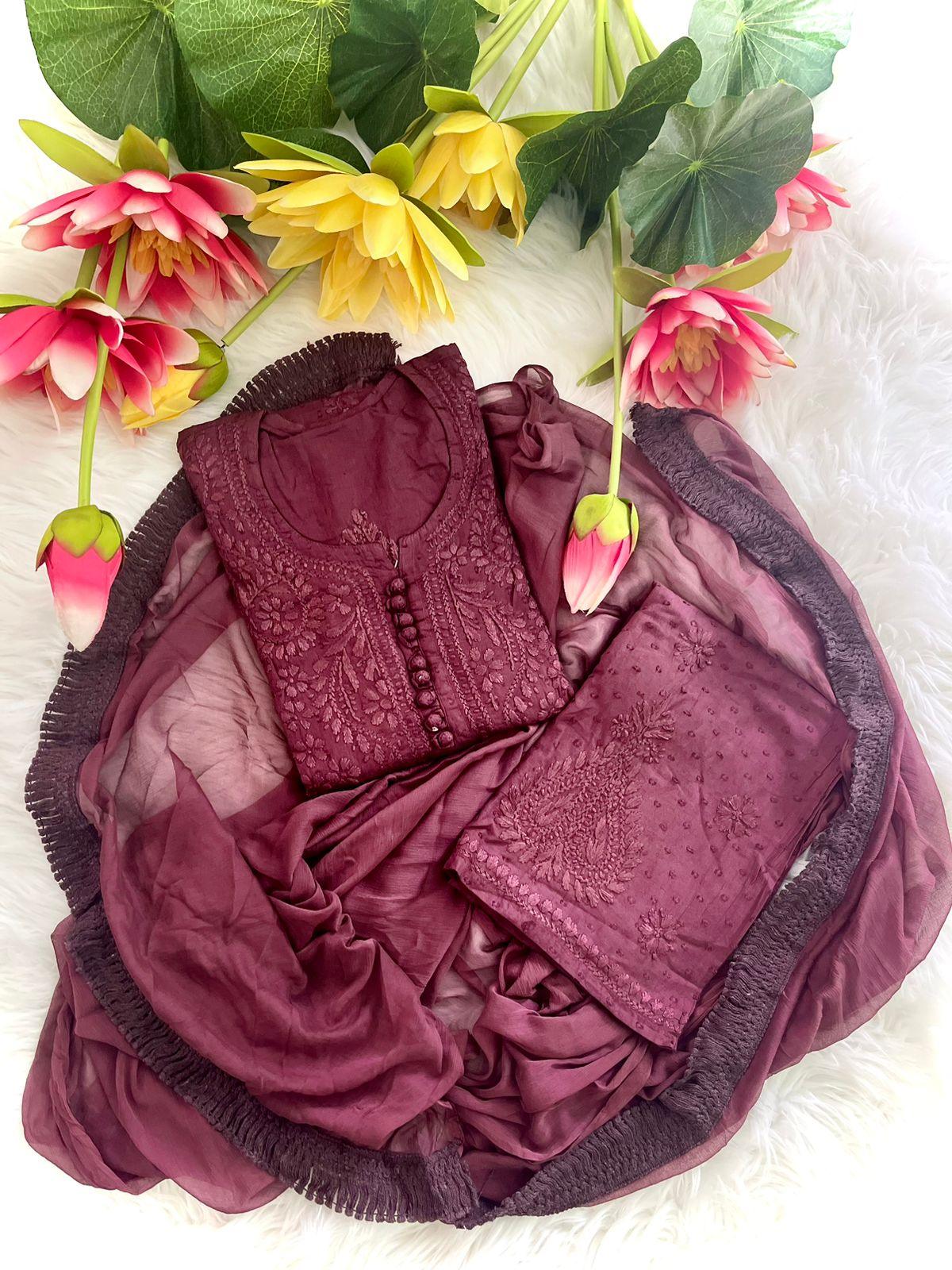 Wine Lucknow Chikankari Hand Work Dobby Cotton Tone-to-Tone 3-Piece Co-ord Palazzo Set with Chiffon Dupatta - Inayakhan Shop