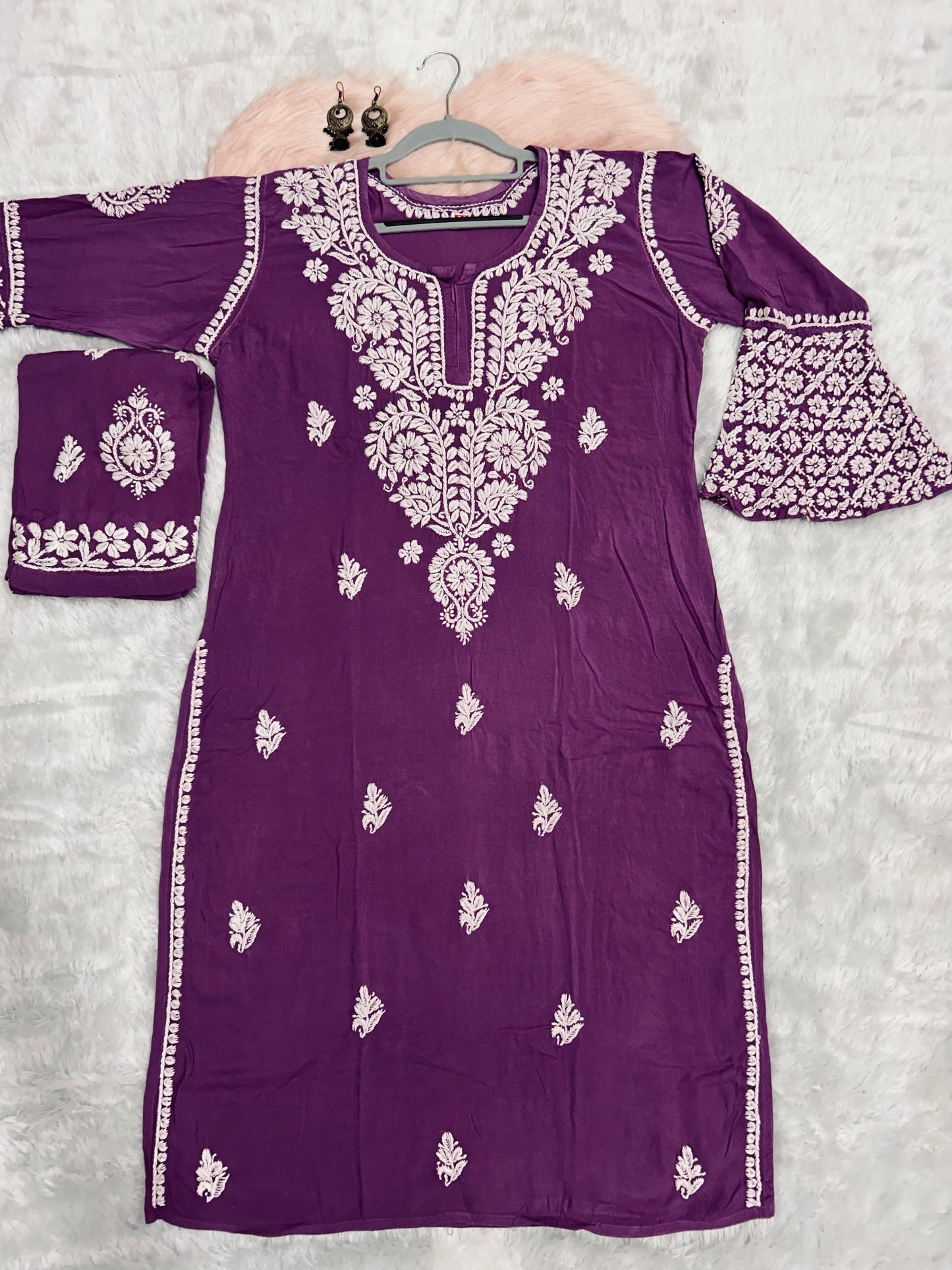 Wine Premium Modal Chikankari Bell Sleeves Kurti with Palazzo Set - Inayakhan Shop