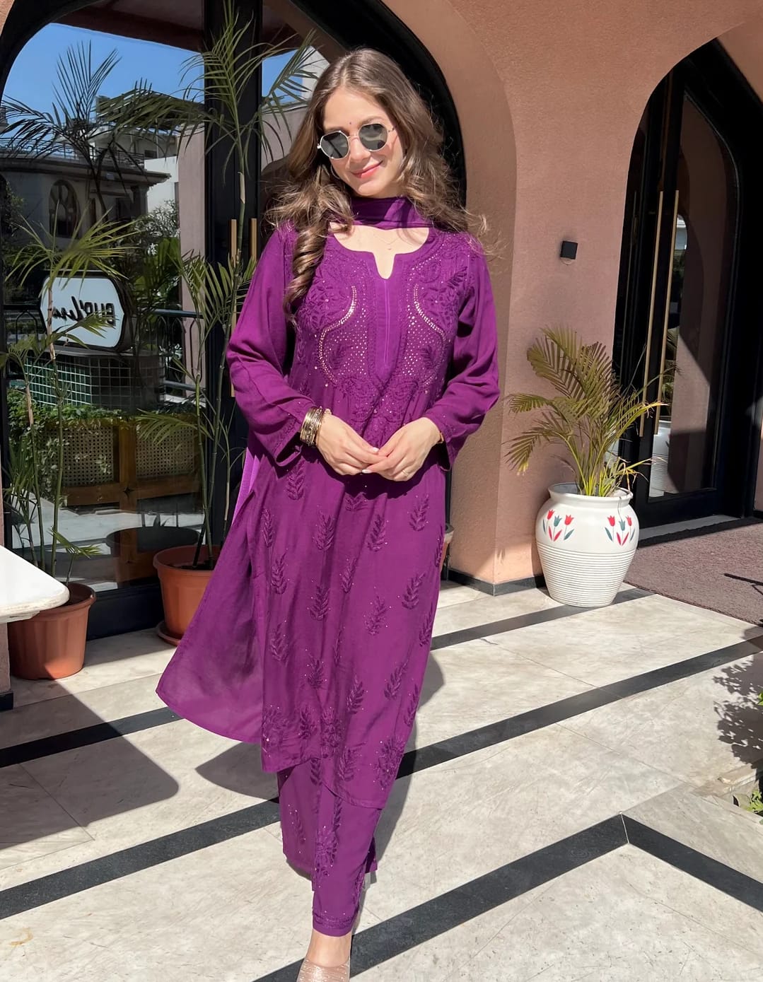 Wine Authentic Lucknow Chikankari & Mukesh Work Kurta Set