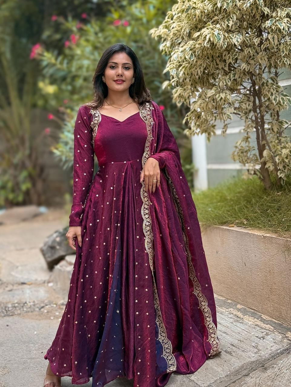 Wine Designer Heavy Fandy Silk Gown Bottom and Dupatta for Party Wear Wine Designer Heavy Fandy Silk Gown Bottom and Dupatta for Party Wear