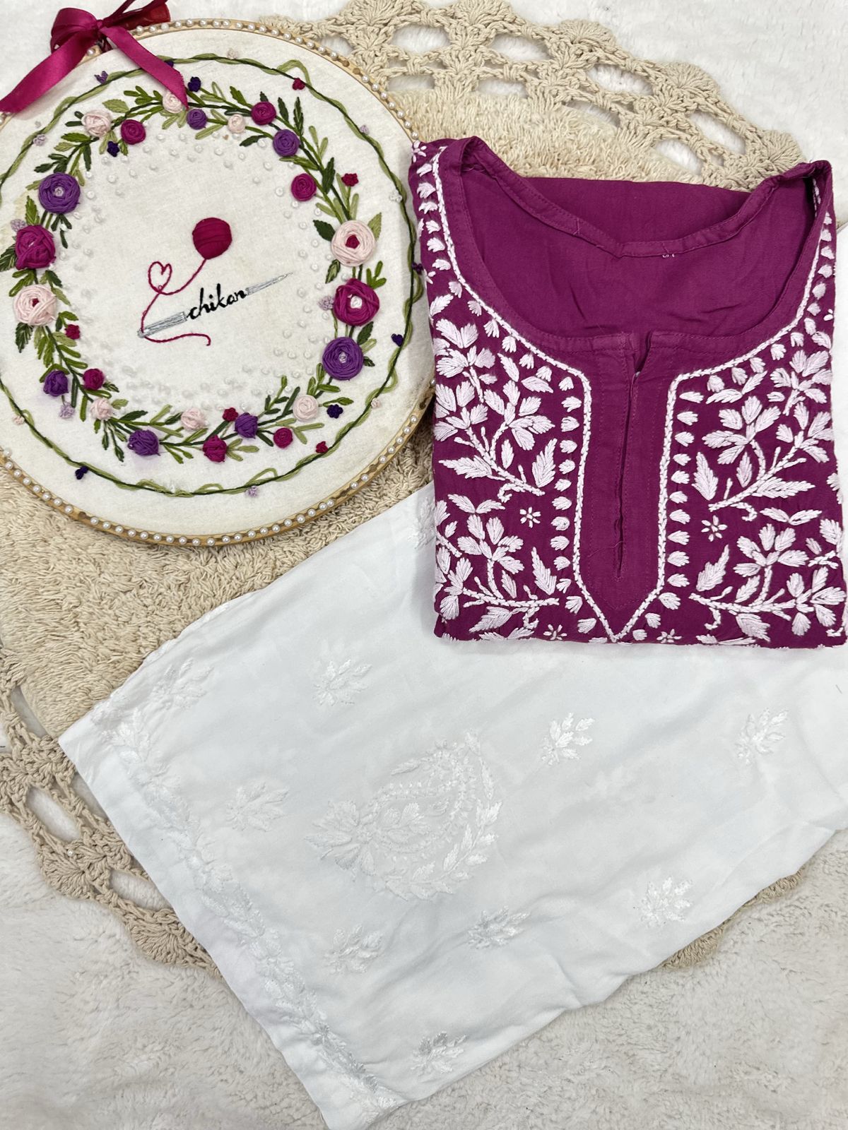 Wine Handcrafted Lucknowi Chikankari Style Short Kurta & Palazzo Set