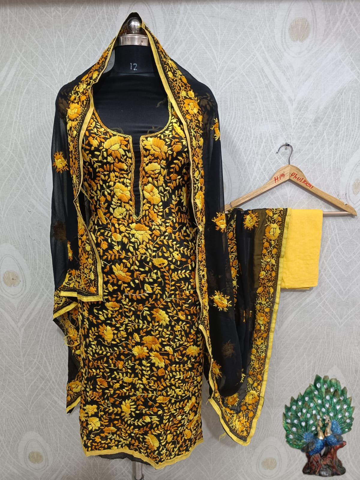 Yellow & Black Special Georgette Phulkari Suit with Beautiful Embroidery Shopping Online - Inayakhan Shop