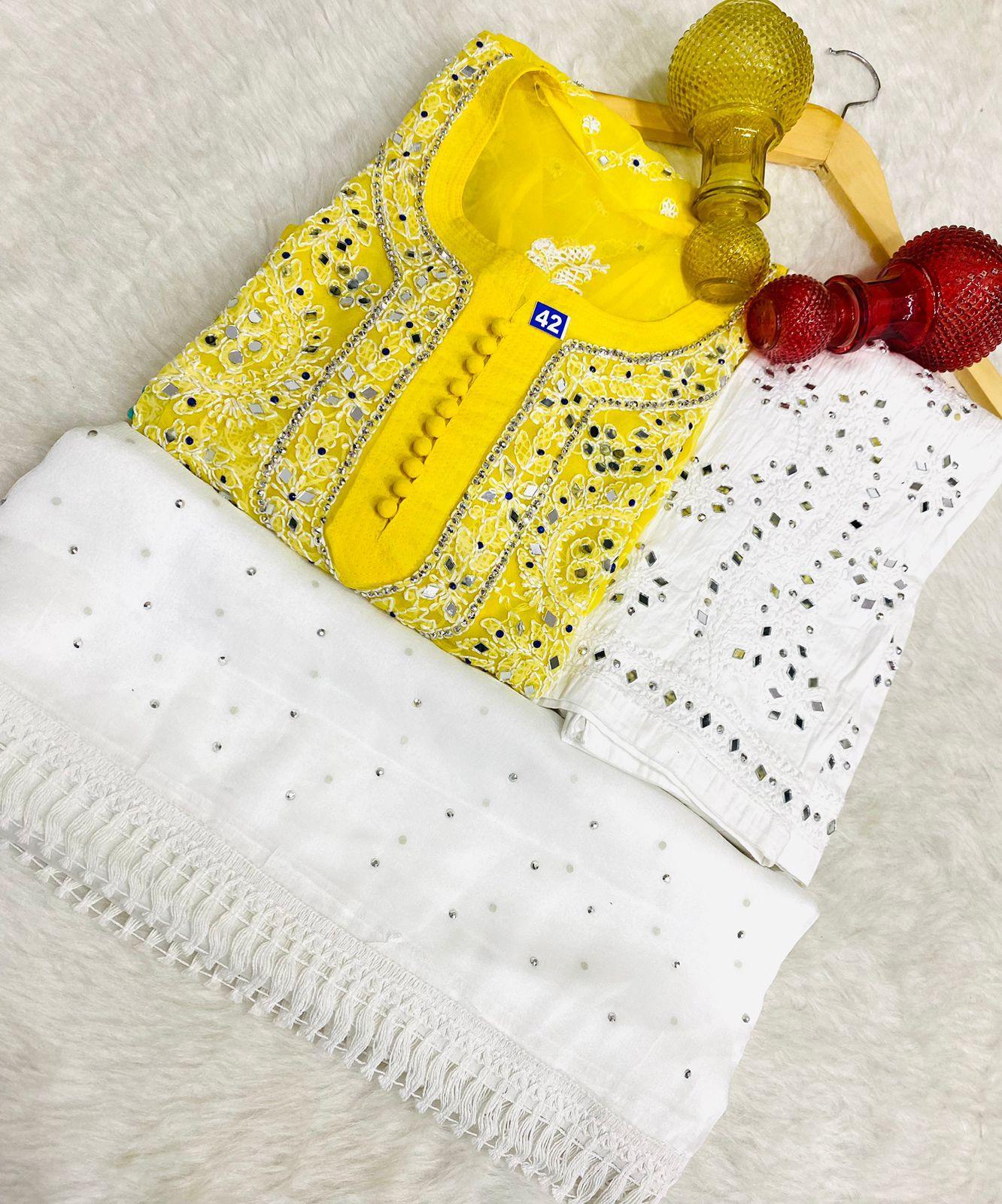 Yellow Color Luminous Luxe Lucknawi Chikankari 3 Pc Ensemble - Inayakhan Shop