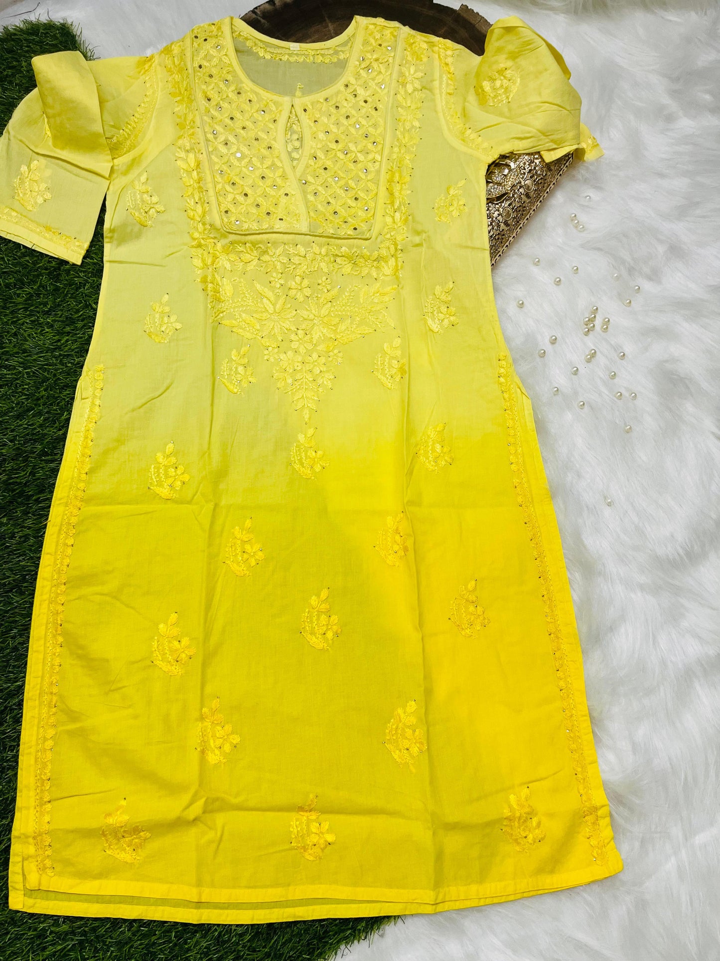Yellow Designer Chikankari Kurtis with Mukesh Work - Inayakhan Shop