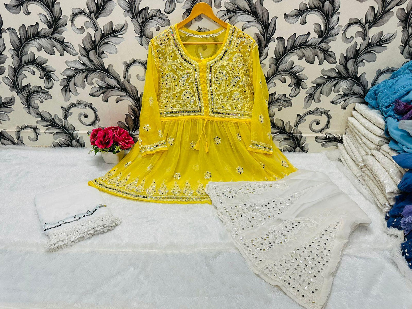 Yellow Glimmering Georgette Mirror Work Short Gown, Dupatta, and Sharara Full Combo Set - Inayakhan Shop