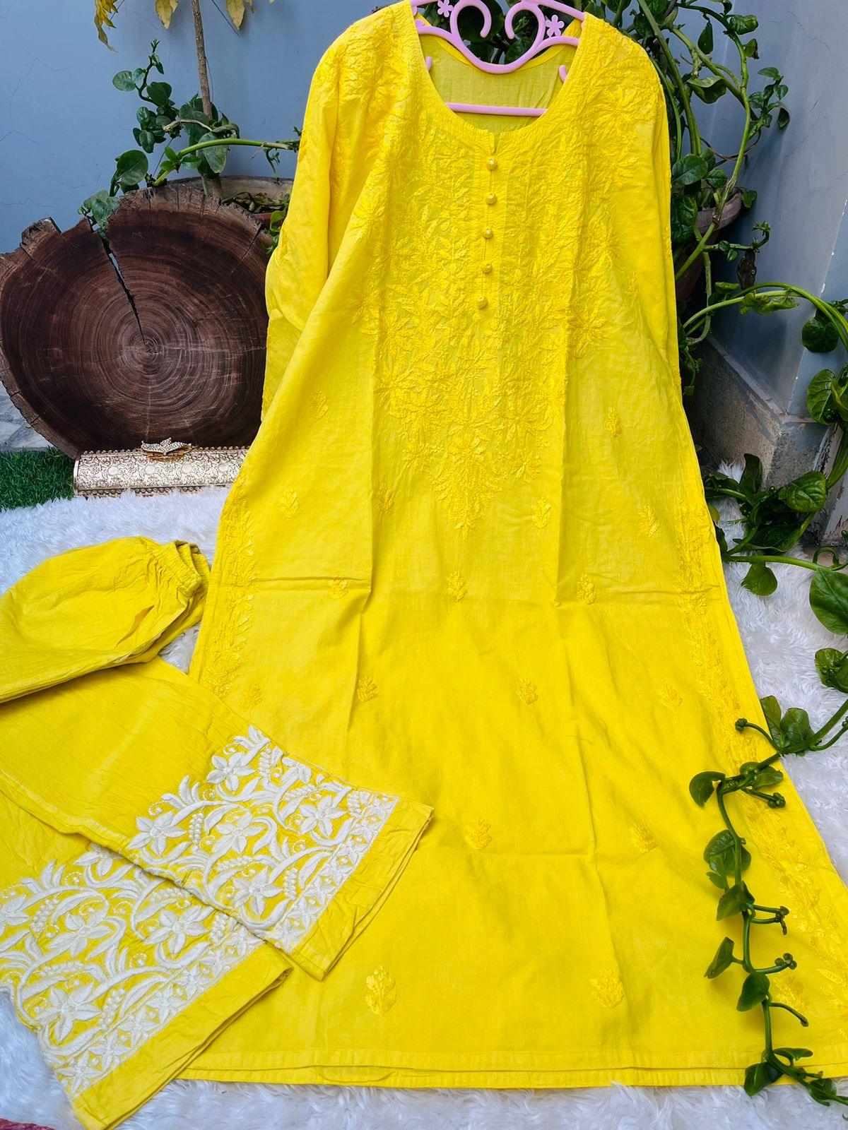 Yellow Graceful Cotton Chikankari Work Set: Kurti + Pant up to 6 XL ++ Sizes - Inayakhan Shop