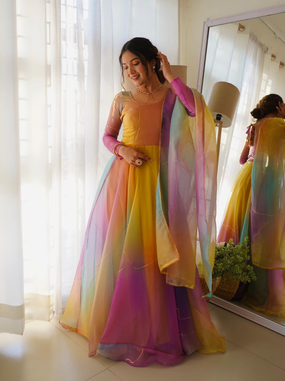 Yellow Multi color Glamorous Organza Silk Party Wear Gown With Dupat