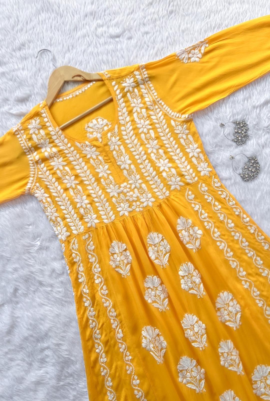 Yellow Party Wear Long Modal Heavy Chikankari Handwork A-Line Gown - Inayakhan Shop