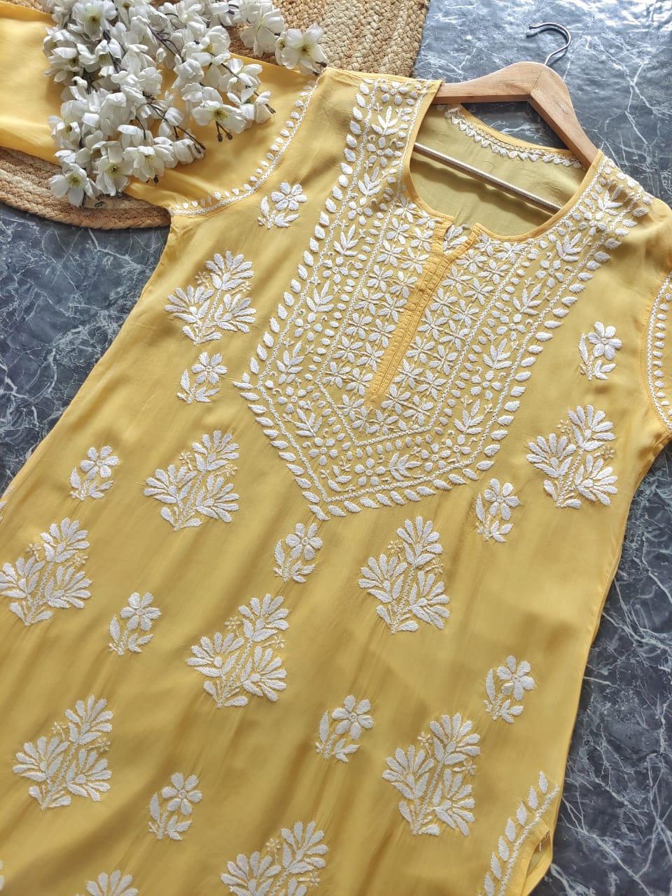 Yellow Premium Chikankari Modal Heavy Work Kurti ✨ - Inayakhan Shop