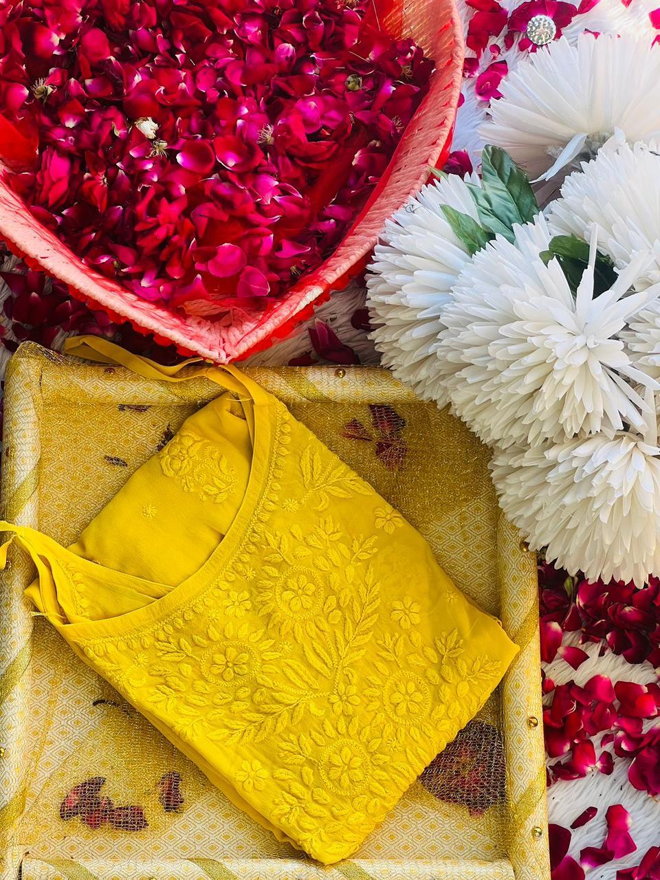 Yellow Premium Noodle Strap Viscose Handwork Lucknow Chikankari Kurti - Inayakhan Shop