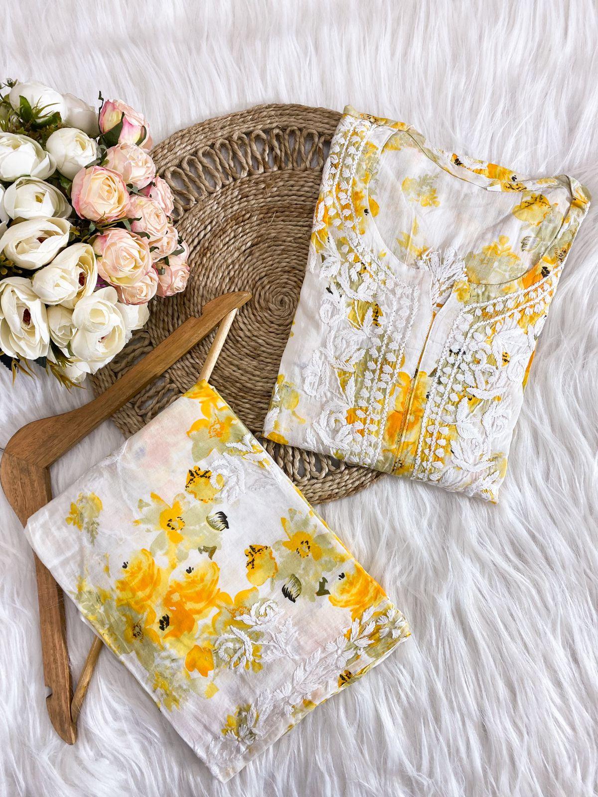 Yellow White Enchanting Watercolor Mul Mul Chikankari Kurti and Palazzo Co-ord Set - Inayakhan Shop