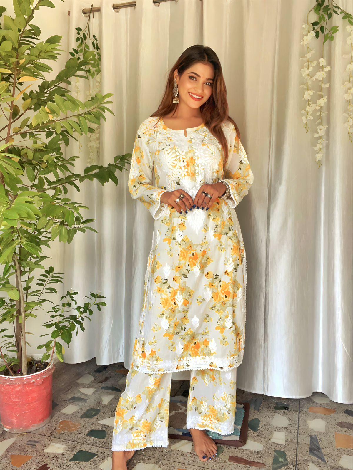 Yellow White Lucknowi Chikankari Mul Mul Cotton Kurti and Palazzo Co-ord Set - Inayakhan Shop