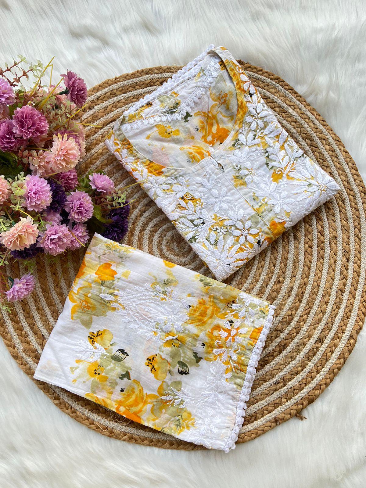 Yellow White Lucknowi Chikankari Mul Mul Cotton Kurti and Palazzo Co-ord Set - Inayakhan Shop
