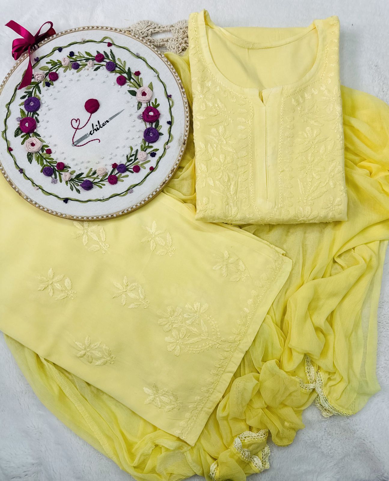 Yellow Handcrafted Lucknowi Chikankari Style Rayon Kurti Set