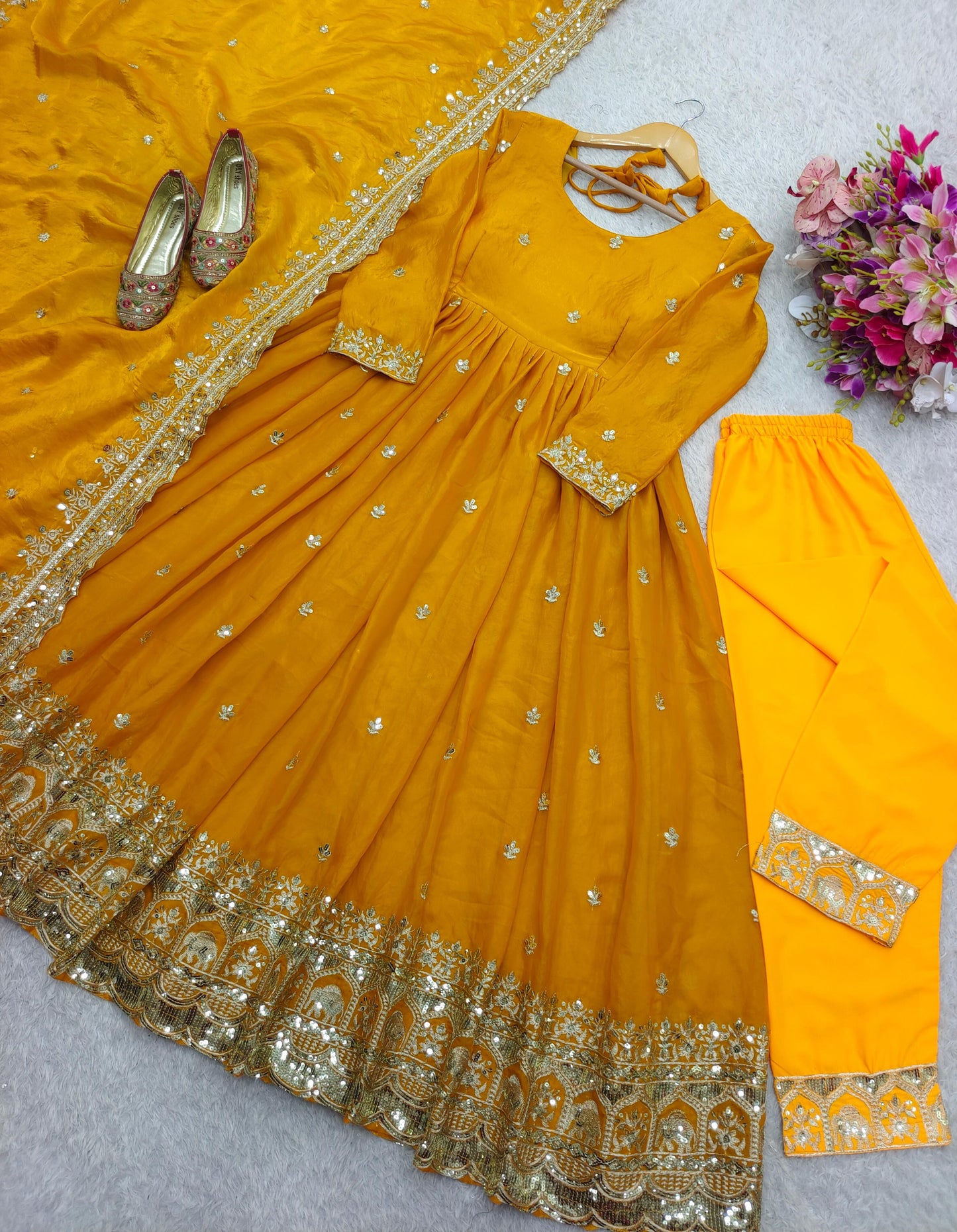 Elegant Yellow Opulent Zimmy Silk Gown Set