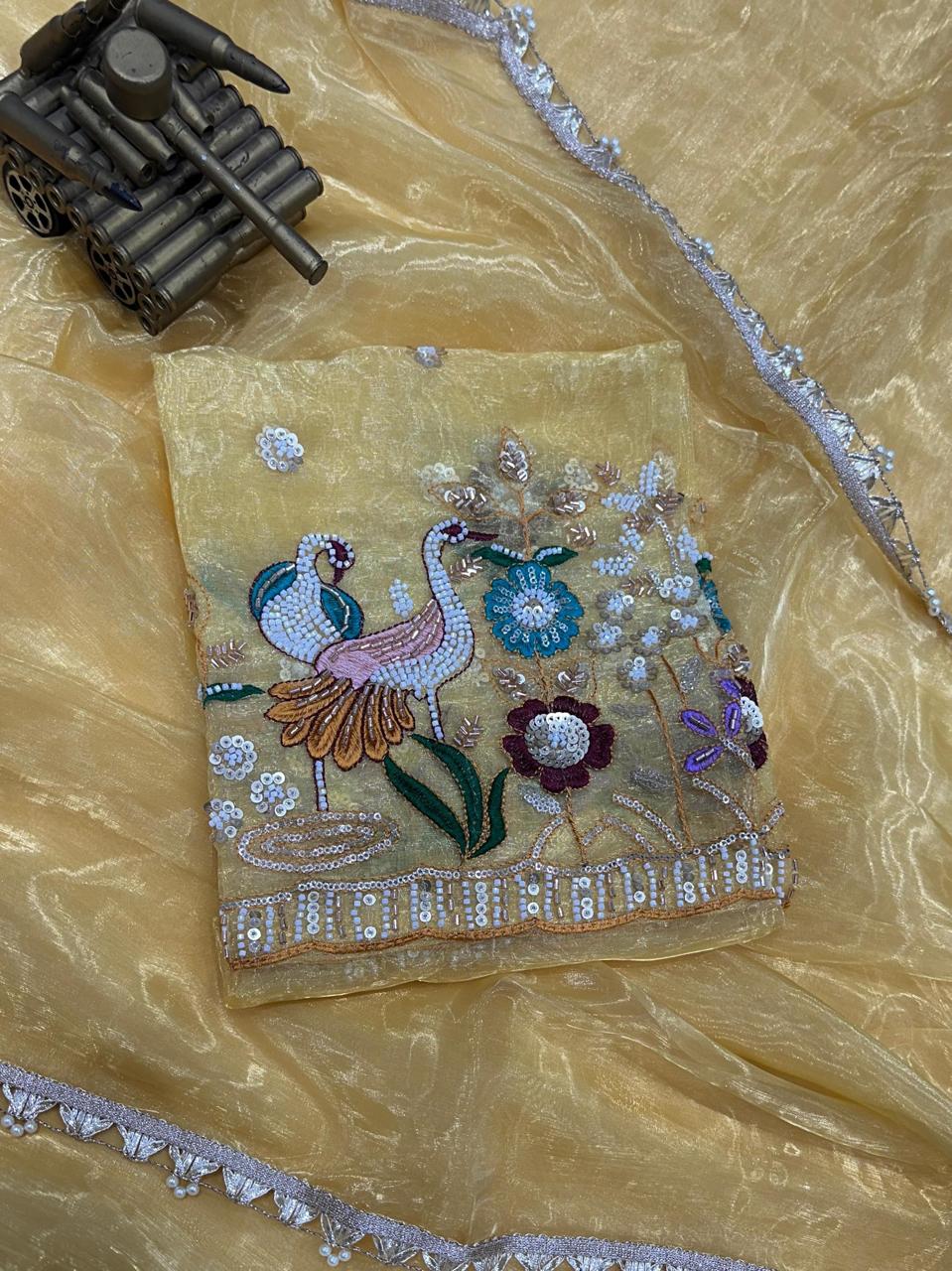 Yellow Designer Pearl Work Liquid Organza Saree Blouse Set