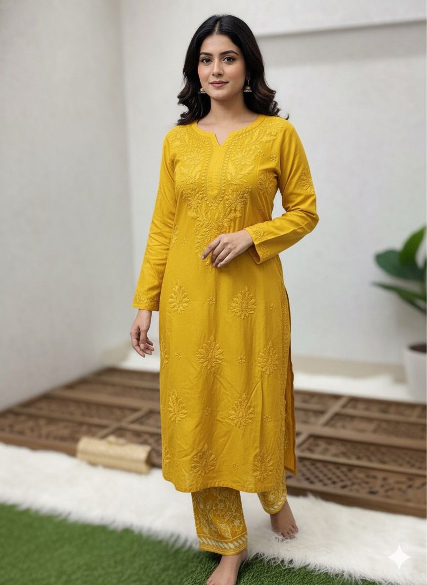 Yellow Lucknow Chikankari Handcrafted Muslin Kurti with Cutwork Embroidery Pant Set