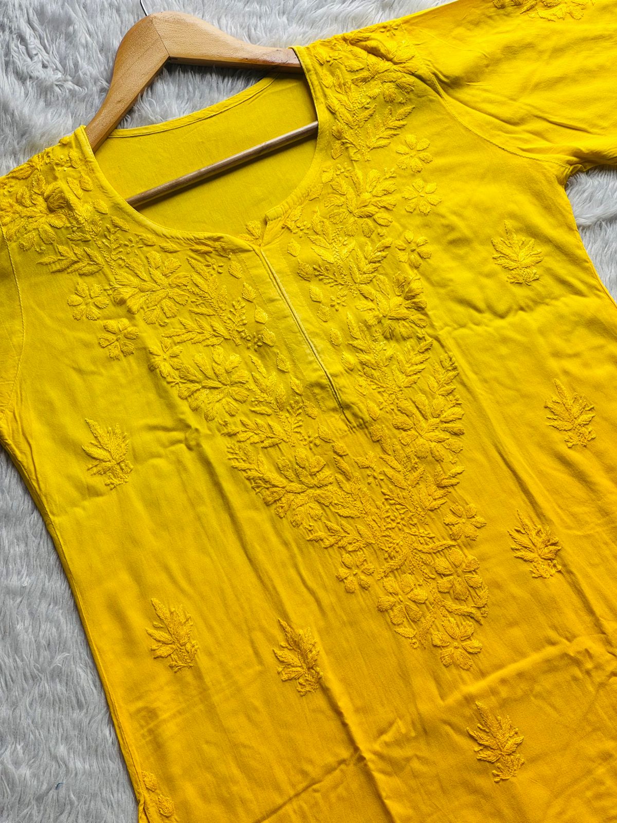 Yellow Ombre Elegance: Handcrafted Lucknowi Chikankari Rayon 3-Piece Set with Dupatta