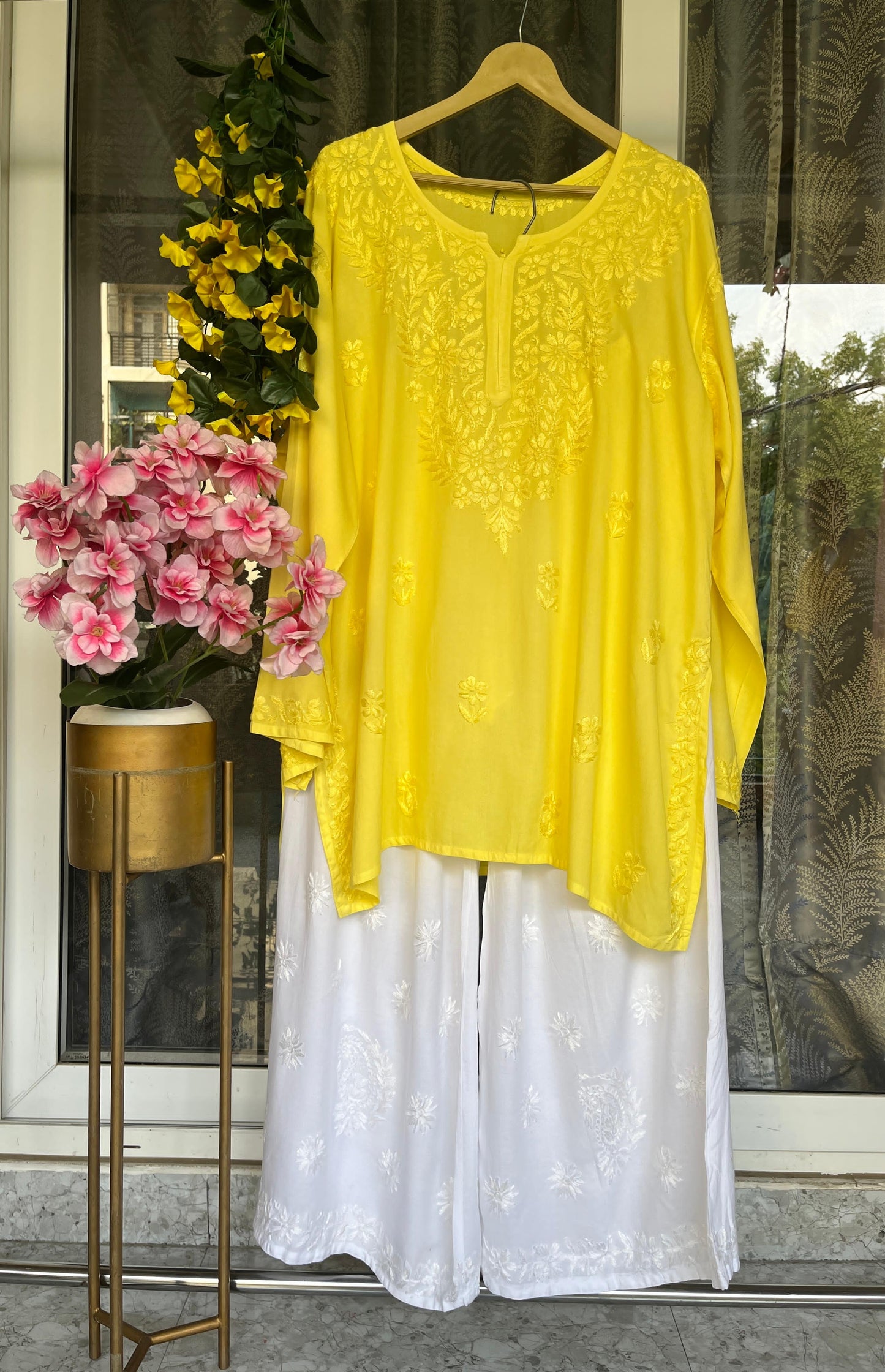 Yellow Lucknowi Chikankari Plus Size Premium Rayon Short Kurti & Pallazo Set ✨ (Upto 6 XL)