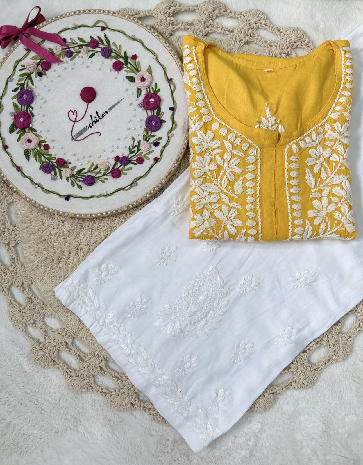 Yellow Handcrafted Lucknowi Chikankari Style Short Kurta & Palazzo Set