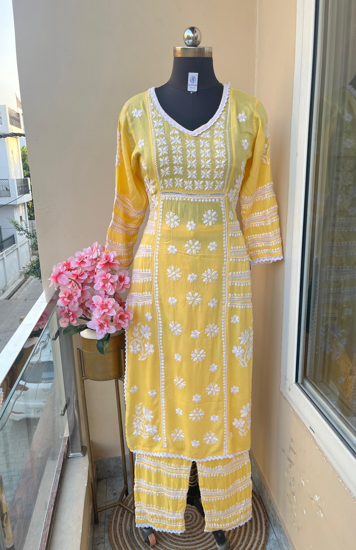 Yellow Premium Rayon Kurti with Palazzo Set Lucknow Chikankari Handwork