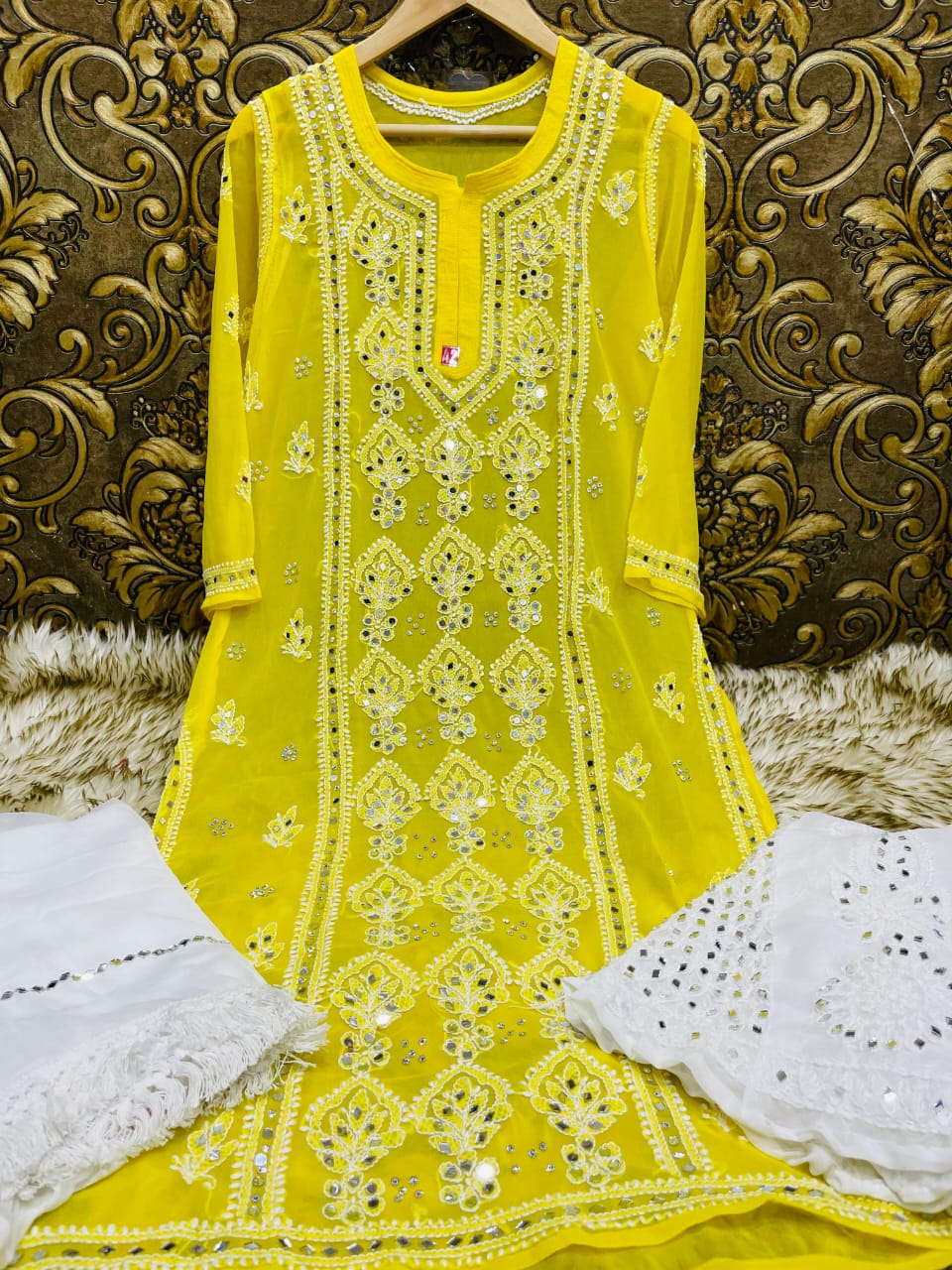 Yellow Handcrafted Lucknow Chikankari Mirror Sharara Set